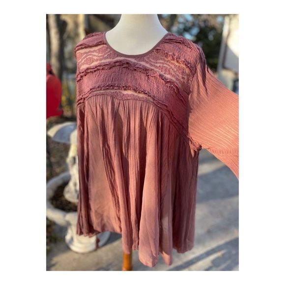 Free People Jojo Mixed Media Long Sleeve Lace Trim Top Size S NWT Dusty Rose - Picture 4 of 9